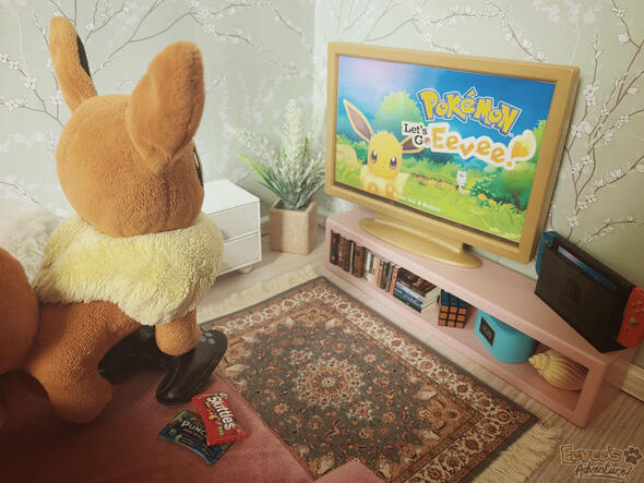 Eevee at home, playing her favorite game 🎮